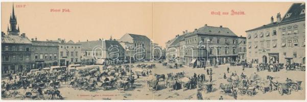 Znojmo, Znaim; Oberer palk. Moritz Fried, cafehaus / square, market, shops, café - 2-tiled folding panoramacard