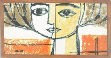 Majoros János: Női arc. 2 darab csempéből álló kép, fakeretben, kis lepattanással, csempék együtt 15x30 cm
