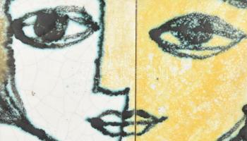 Majoros János: Női arc. 2 darab csempéből álló kép, fakeretben, kis lepattanással, csempék együtt 15...