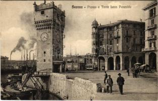 Savona, Piazza e Torre Leon Pancaldo, Bottiglieria / square and tower, tram