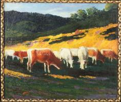 Papp jelzéssel (Papp Aurél?), feltehetően XX. sz. eleje, nagybányai festő: Tehenek. Olaj, vászon, fa...