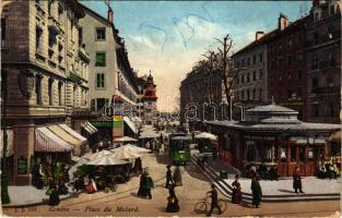 Genf, Geneve; Place du Molard, Maison Em. Weber / square, tram, shops, market (Rb)