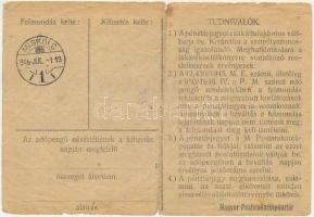 1946. 10.000AP nem kamatozó Pénztárjegy "A 010121" "Másra át nem ruházható", bél...