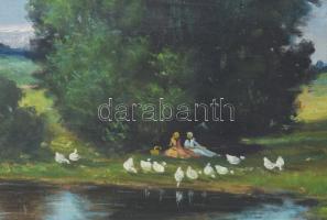 Réthy V jelzéssel: Libapásztorlányok. Olaj, vászon. Sérült. Dekoratív, kissé kopott fakeretben. 60x8...