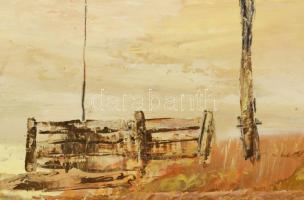 Szanthoffer Imre (1930-2007): Puszta gémeskúttal. Olaj, farost, jelzett. Dekoratív, fakeretben, 60x5...