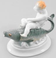 Herendi halon lovagló puttó, kézzel festett, jelzett porcelán figura hibátlan állapotban, h: 14 cm