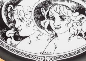 Hollóházi Jurcsák László által tervezett tál, matricás, jelzett, hibátlan, d: 24,5 cm