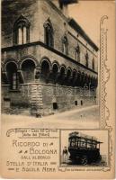 Bologna, Ricordo di Bologna dallAlbergo Stella dItalia e Aquila Nera. Casa dei Carracci (detta dei Pittori), Un automobile dellAlbergo. Art Nouveau (EK)