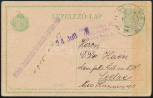 1915 5f Díjjegyes levelezőlap budapesti cenzúrával PÉCS - Seelze (Németország)
