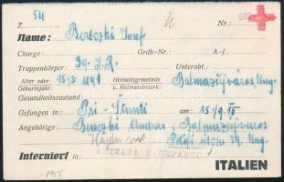 1915 Olasz Vöröskeresztes levelezőlap hadifogolytáborból Balmazújvárosba