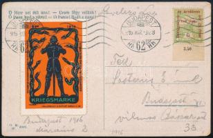 1916 Budapest helyi képeslap Hadisegély 5f bélyeggel és német 5Pf Vöröskeresztes levélzáróval