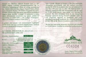 2002. 100Ft Ni-Cu-Zn "Kossuth" elsőnapi veret sorszámozott "004304" díszlapon T:...