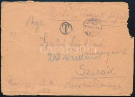1916 Portós levél BUDAPEST - SZIRÁK (kissé szakadt, hiányos boríték)