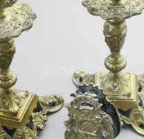 Gyertyatartó pár és gyufatartó. Német, cca 1930, öntött bronz, m: 13 és 20 cm