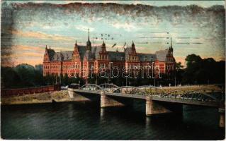 1909 Wroclaw, Breslau; Lessingbrücke mit Regierung / bridge, government building, tram (fl)