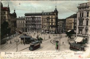 1905 Wroclaw, Breslau; Sonnenplatz / square, tram, shops (EB)
