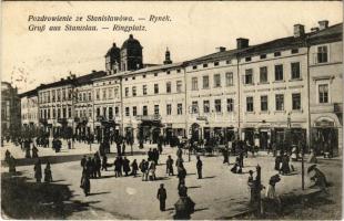 1915 Ivano-Frankivsk, Stanislawów, Stanislau; Rynek / Ringplatz / square, shops (pin marks)