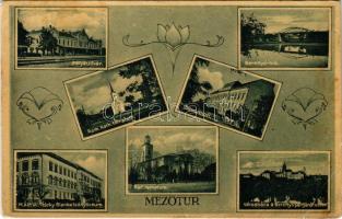 1937 Mezőtúr, Pályaudvar, vasútállomás, Római katolikus templom, Diákotthon, Berettyó híd, Református templom, M. kir. áll. Teleki Blanka leánylíceum, Városháza a Berettyó partjáról nézve + P.U. SZEKRÉNYBŐL (EB)