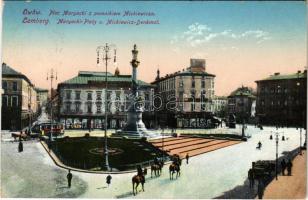 1915 Lviv, Lwów, Lemberg; Plac Maryacki z pomnikiem Mickiewicza / Maryacki-Platz u. Mickiewicz-Denkmal / square, monument, tram, shops (Rb)