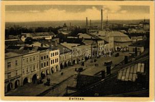 Svitavy, Zwittau; street view, Union bank, Hotel Ungar, shops, automobile