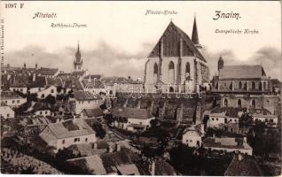 Znojmo, Znaim; Altstadt. Rathhaus - Thurm, Nikolai kirche, Evanelische kirche / old town, town hall tower, Nikolai Church, Lutheran Church