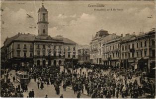 1916 Chernivtsi, Czernowitz, Cernauti, Csernyivci (Bukovina, Bucovina, Bukowina); Ringplatz und Rathaus / town hall, market, shops, tram. Verlag v. Leon König (Rb)