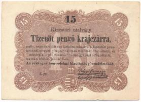 1849. 15kr T:AU,XF hajtatlan, de nagyobb nem végig érő hajlás a jobb felső saroktól a bankjegy közepe felé Adamo G102