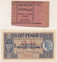 1938. 1P H 827 072545 eredeti 100 Pengő - 100db 1 pengős bankjegy MNB banki kötegelővel T:AU Hungary 1938. 1 Pengő H 827 072545 with original 100 Pengő - 100db 1 pengős bankjegy bank currency strap C:AU Adamo P1