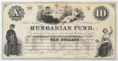 1852. 10$ A Kossuth bankó piros kézi sorszámozással 2824 T:F  Hungary 1852. 10 Dollars A Hungarian Fund handwritten red serial number 2824 C:F  Adamo G119