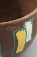Geometrikus mintával díszített retro kerámia kaspó, jelzés nélkül, kopással, d: 19 cm, m: 15 cm