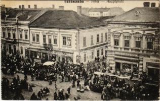 Békéscsaba, Fő tér, Löwy Jakab L. és Társa, Leszich Kálmán, Kresmarik és Reisz Gyula üzlete, húscsarnok, piac. Tevan Adolf kiadása (fl)