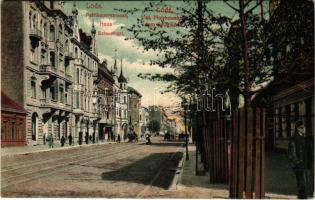 1912 Lódz, Lods; Petrikauerstrasse, Haus Schweikert / ul. Piotrkowska, dom Szweikerta / street view, Schweikert House, tram (fl)
