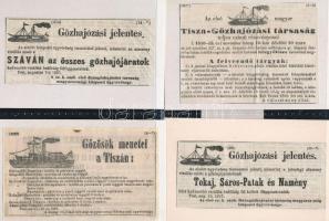 cca 1860 Tisza gőzhajózási társaság 4 db hirdetése fametszetes képekkel kivágásokon