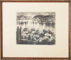 Kiss Terézia (1928- ): Alkonyul Zebegényben. Rézkarc, papír, jelzett, sorszámozott 3/100. Üvegezett ...