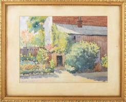 Bundschuh Ottó (1885-?): Virágos utcarészlet. Akvarell, papír, jelzett. Dekoratív, üvegezett fakeret...