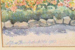 Bundschuh Ottó (1885-?): Virágos utcarészlet. Akvarell, papír, jelzett. Dekoratív, üvegezett fakeret...