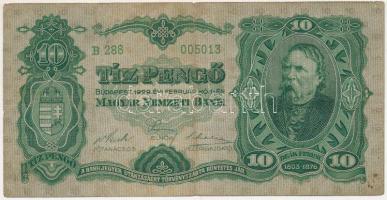 1929. 10P "B 288 005013" T:F,VG folt, kis szakadás, egy tűlyuk
Hungary 1929. 10 Pengő &qu...