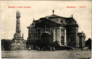 1910 Kecskemét, színház, Szentháromság szobor. Politzer Sándor kiadása (EK)