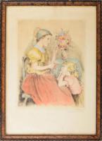 Vydai Brenner Nándor (1903-1966): Anya gyermekével. Színezett rézkarc, papír. Jelzett. Dekoratív, üv...