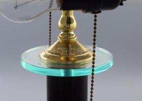 Art deco design asztali lámpa zománcozott fém búrával, fém és üveg testtel m: 46 cm, d: 28 cm