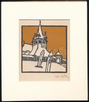 Kós Károly (1883-1977): Torony. Linómetszet, papír, paszpartuban, utólagos jelzéssel, 10,5×10,5 cm