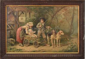 Gyerekek, 2 db dombornyomott kromolitográfia, karton, jelzés nélkül. XIX. sz. vége. fakeretben, 34x5...