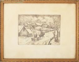 Mészáros Lajos (1925-1971): Szánkózás. Rézkarc, papír, jelzett, üvegezett fakeretben, 18x25 cm