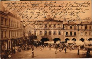 1911 Cieszyn, Teschen; Demelplatz / square, tram, market, shop of Kutzer
