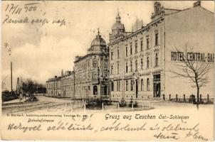 1900 Cieszyn, Teschen; Bahnhofstrasse / street view, railway hotel. B. Heybach (EK)