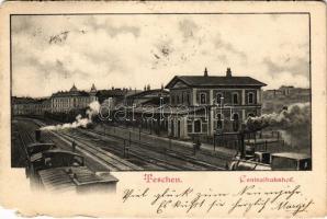1903 Cieszyn, Teschen; Centralbahnhof / railway station, locomotive, train (b)