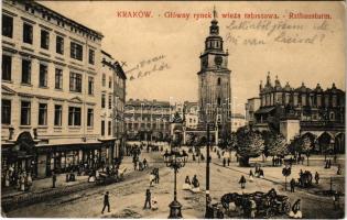 1914 Kraków, Krakau; Glówny rynek i wieza ratuszowa / Rathausturm / square, town halls tower, shops (EK)