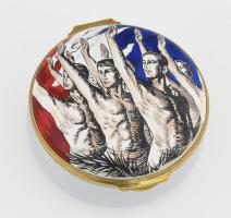 Crummles párizsi olimpia emlék zománc doboz. Kézzel készített zománcozott réz. jelzett, díszdobozban, leírással, hibátlan d: 6 cm / Crummles Enamel revibal collectible box