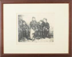 Olvashatatlan jelzéssel: Kisdiákok. Rézkarc, papír, üvegezett fakeretben, 17×21 cm