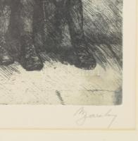 Olvashatatlan jelzéssel: Kisdiákok. Rézkarc, papír, üvegezett fakeretben, 17×21 cm